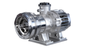Centrifugal Pump Impeller with Electric Motor. Industrial Water Supply System Component Isolated on Transparent Background, Ideal for Engineering, Fluid Dynamics, Mechanical Design, and Utility Infra png
