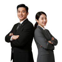 Two asian business professionals are standing backtoback, smiling confidently in their formal attire isolated on transparent background png