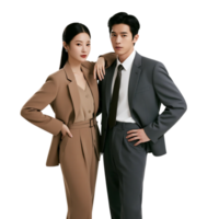 Two asian business professionals posing confidently in suits, representing teamwork and corporate success in the workplace. png