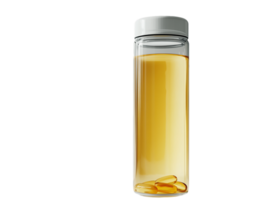 Glass Bottle with Yellow Liquid and Capsules on Transparent Background png