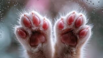Close up of kitten paws on rainy window photo