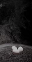 Three eggs resting on dark black sand with a misty background in a tranquil coastal setting at dawn video
