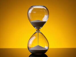 Elegant hourglass with flowing sand, set against a vibrant yellow background, symbolizing time. photo