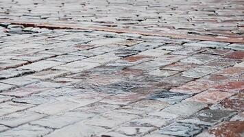 Close-up of person walking on wet cobblestone street wearing white sneakers and dark trousers video