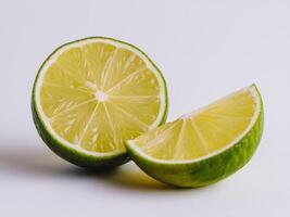 Fresh green lime cut in half, showcasing bright yellow flesh and textured rind. photo