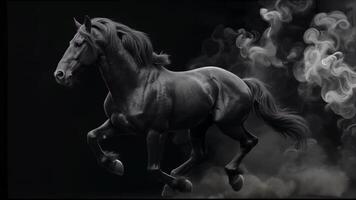 Black horse running in the smoke video