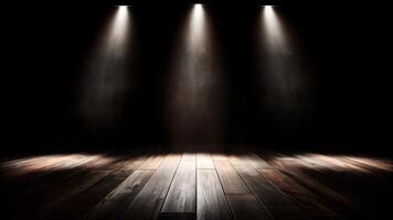 Dark studio features three spotlights illuminating an aged wooden floor against a stark black background for a dramatic effect. photo