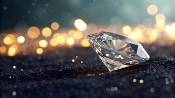 Elegant diamond sparkles with bright light over dark sand in stunning luxurious presentation photo