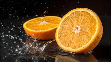 Fresh orange halves with water droplets create a bright and vibrant citrus scene, perfect for healthy eating promotion. photo
