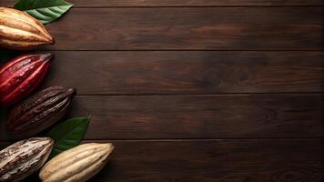 Fresh cacao pods with leaves on a rustic wooden table represent raw ingredients for chocolate production photo