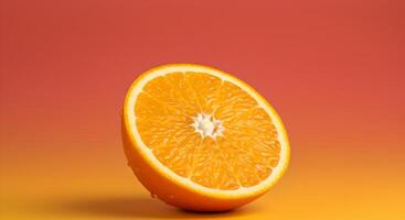 Artistic orange slice close-up, glowing flesh, droplets, coral-yellow gradient background. photo