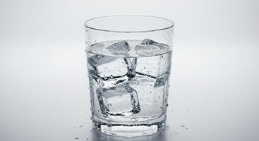 Photorealistic glass of water with ice cubes, clean white background. photo
