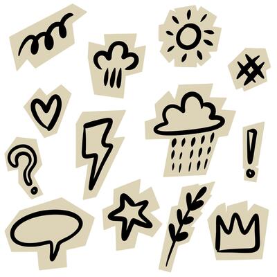 Collection of hand drawn doodle icons including weather symbols, punctuation marks, and playful shapes. Each black ink sketch is placed on a rough beige sticker background.
