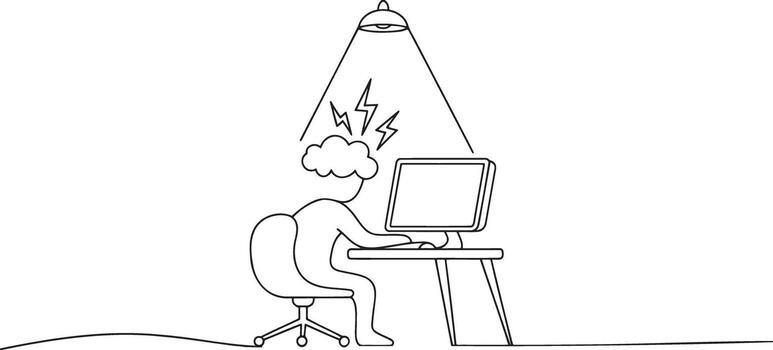 un hombre sentado a un escritorio con un computadora y un lámpara encima él vector