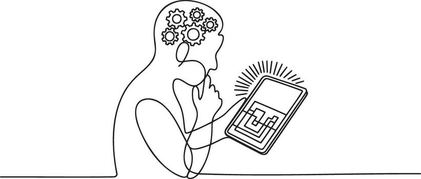 A person is using a tablet computer with a brain vector