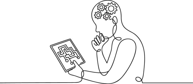 uno línea dibujo de un hombre utilizando un tableta computadora vector