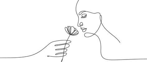 Continuous line drawing of a woman smelling a flower vector
