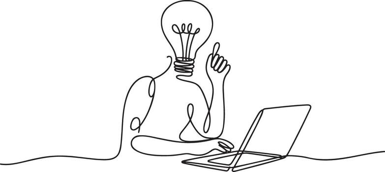 Continuous line drawing of a man sitting at a computer with a light bulb on his head vector