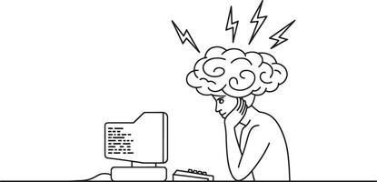 A man with a brain on his head is working on a computer vector