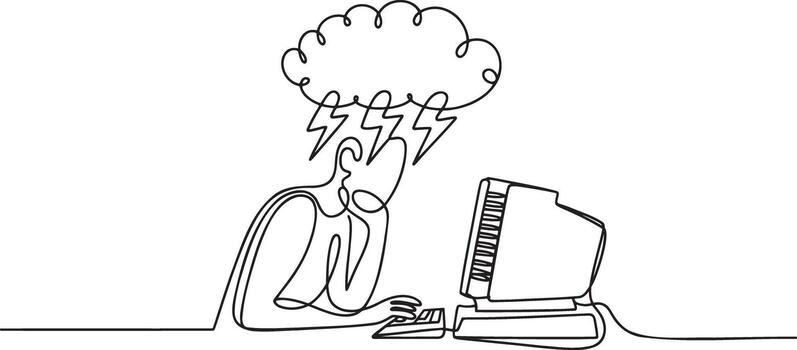 A drawing of a person sitting at a computer with a cloud above them vector