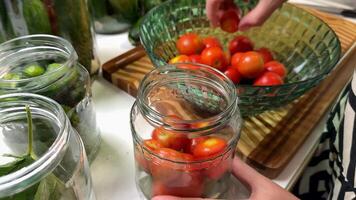 Caucasian hands preparing homemade pickles and tomatoes in jars, showcasing culinary traditions and sustainable living with a DIY approach video