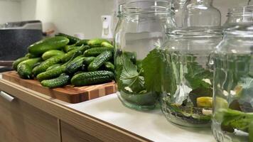 Fresh cucumbers and jars with herbs ready for pickling, capturing a homesteading vibe and sustainable living theme video