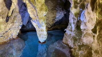 A stunning limestone cave with stalactites and a serene underground pool, perfect for spelunking and geology enthusiasts video