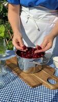 A person rinses fresh cherries in a colander, evoking summer, healthy eating, and farm to table concepts, with a focus on sustainable practices video