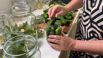 A woman prepares homemade pickles, placing cucumbers into jars with herbs, highlighting DIY crafts and culinary traditions video