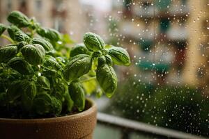A potted plant on a window sill with raindrops video