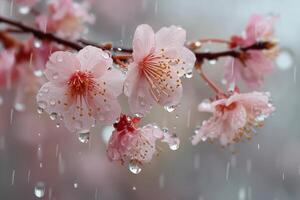 Pink cherry blossoms are covered with rain drops video