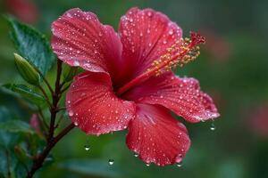 A red hibiscus flower with water droplets on it video