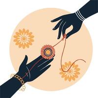 Symbolic Raksha Bandhan Ceremony Featuring Hands Tying a Rakhi with Decorative Flowers and Bracelets, a Celebration of Sibling Bonds vector