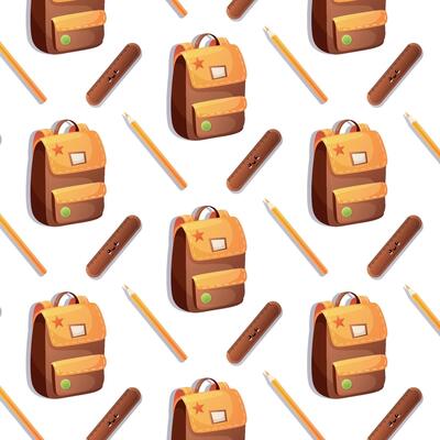 Seamless school pattern with backpack, ruler and pencil