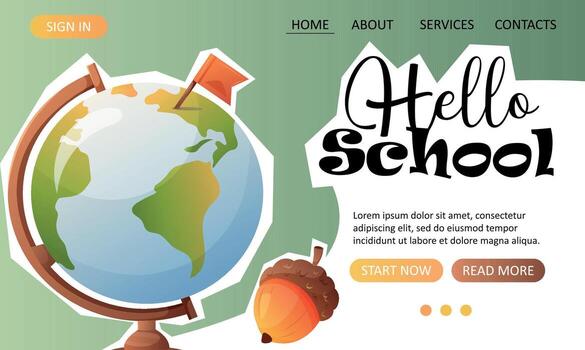 Hello school landing page with globe and acorn vector