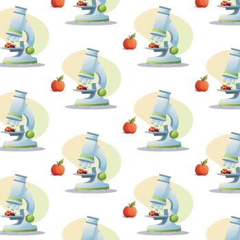 microscopio con mariquita y manzana sin costura modelo vector