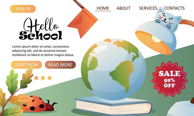 Hello school landing page with globe and sale badge