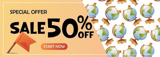 school banner with globe pattern and sale vector