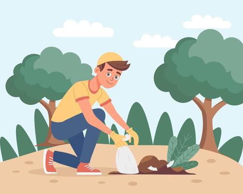 Volunteer man collects trash in the park. Man cleaning up garbage outdoor. Illustration.