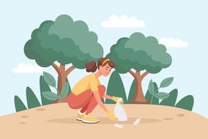 Girl picking up litter in park vector