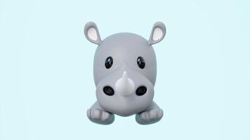 3D cartoon style gray rhino with big eyes, a prominent horn, and small ears, facing forward. Adorable minimalist character on a solid light blue, perfect for kids themes or branding. video