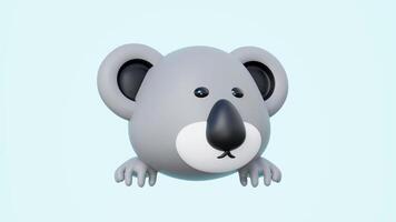 3D render of a cute cartoon koala bear peeking over an empty light blue. Adorable grey koala head with big ears, black nose, and paws, perfect for kids themes or animal designs. video
