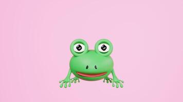 Close up of a charming 3D cartoon frog with large expressive eyes and a wide smile, rendered in bright green against a pastel pink. Ideal for kids, playful designs, and simple mascots. video