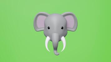 3D render of a cute gray elephant head with white tusks and black eyes, mounted on a pink circular plaque with a golden ring, set against a vibrant green background. Cartoon style. video