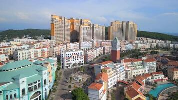 Aerial view of Sunset Town on Phu Quoc island, Vietnam, showing colorful Mediterranean-style buildings. video