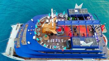 Turkey Antalya 09.27.2024 Drone view of luxury yacht with lounges, solar panels video