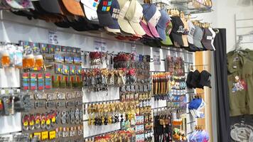 Berlin souvenir shop wall with caps magnets keychains display 17 May 2025 video