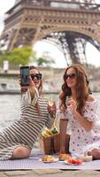 Women take selfie at picnic with Eiffel Tower video