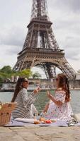 Two women picnic by Eiffel Tower with champagne video