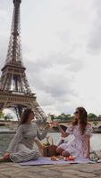 Women clinking wine glasses at Eiffel Tower picnic video